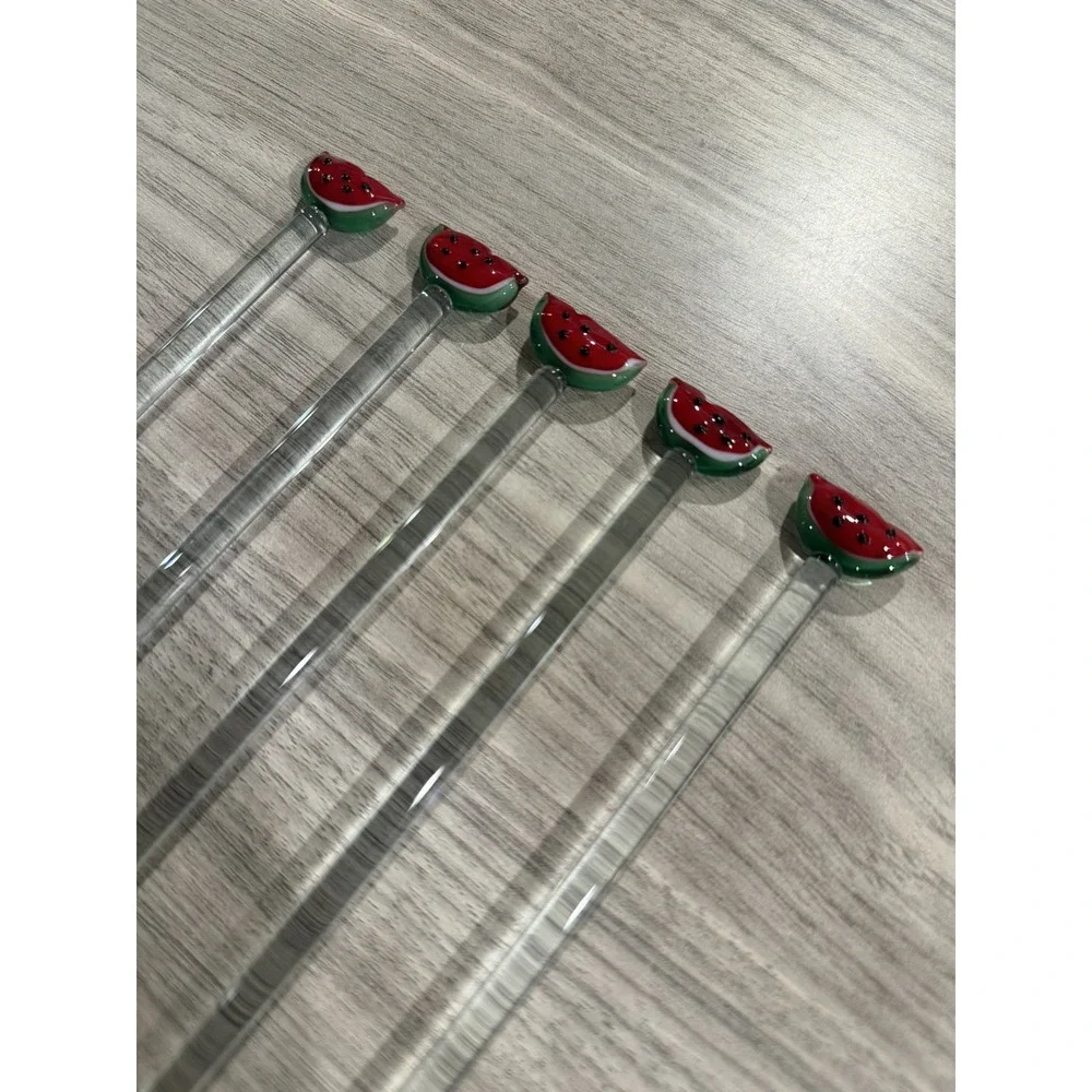 Hand Blown Glass‎ Watermelon Fruit Barware Swizzle Stir Sticks Set Lot of 5